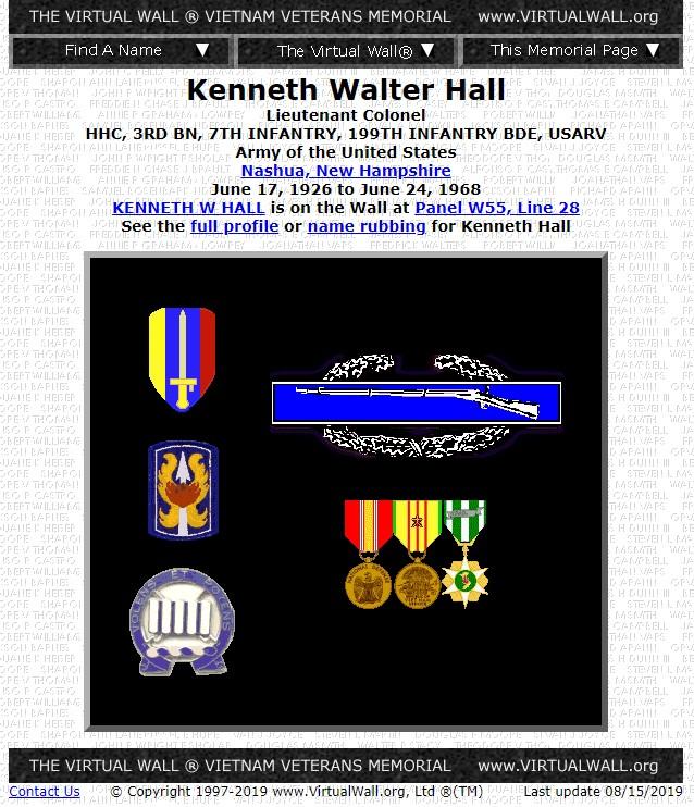 Lt Colonel Kenneth Walter Hall Nashua NH Vietnam Casualty