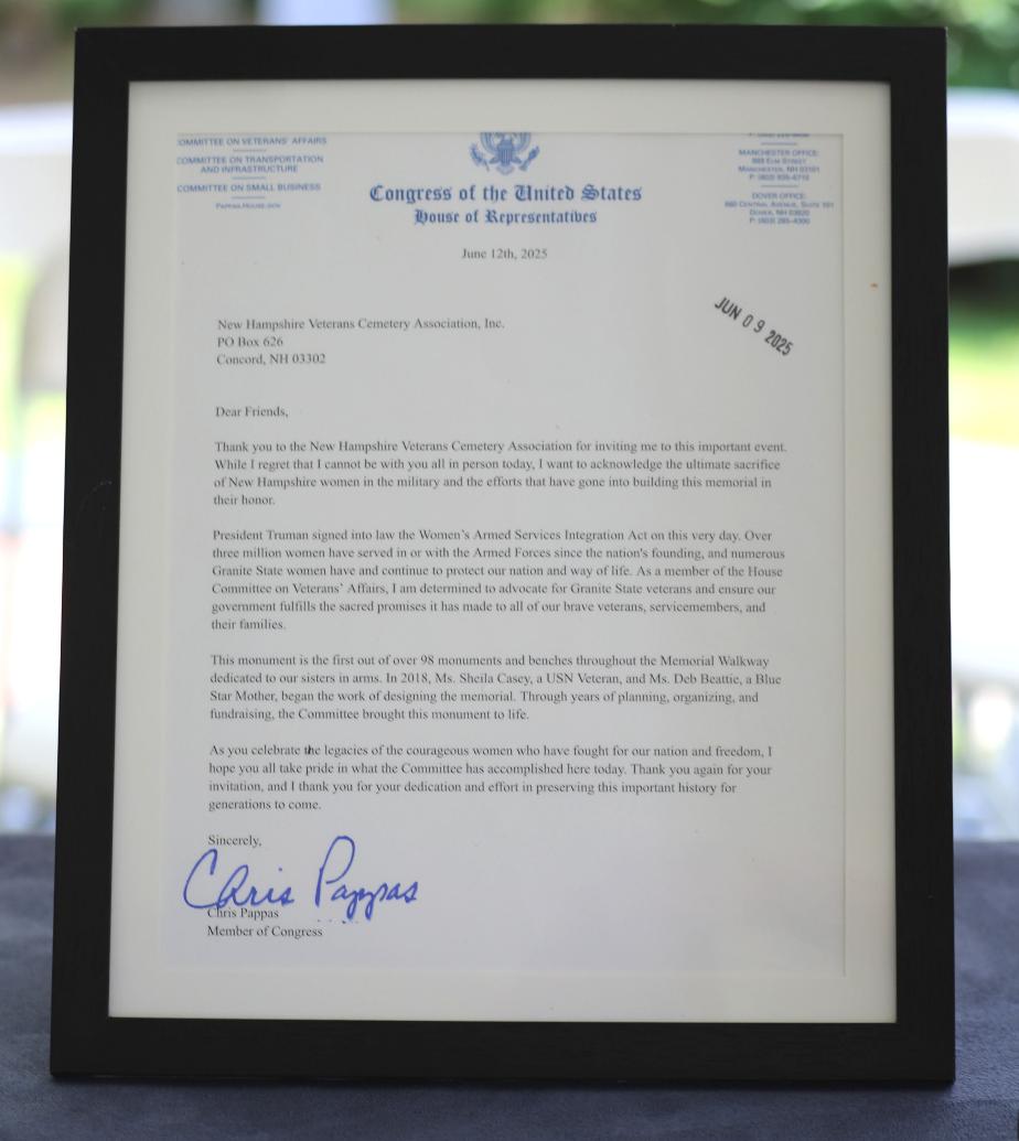 NH Women in Military Service Memorial June 12 2025 Congressman Chris Pappas Letter