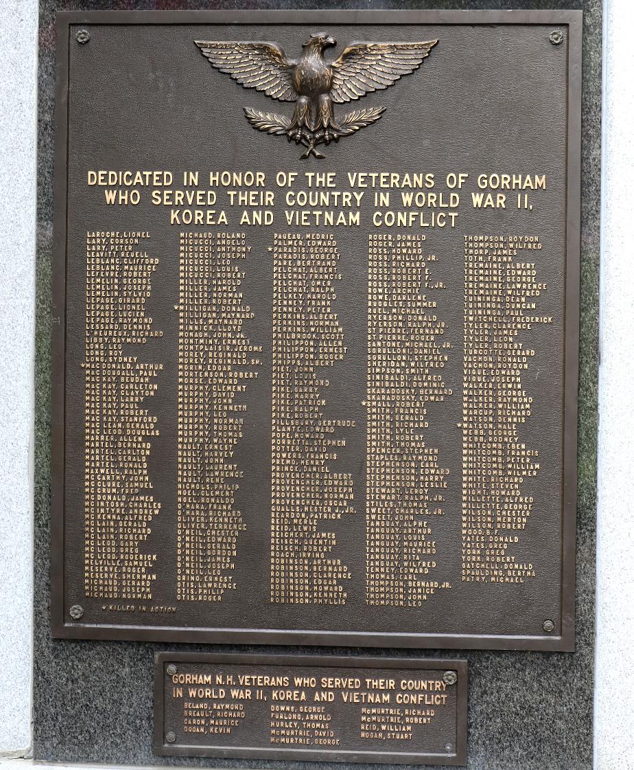 Gorham NH WWII Korean War & Vietnam War Honor Roll